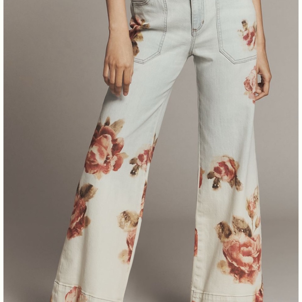 ISO Pilcro Floral Wide-Leg Jeans - Cream and Pink